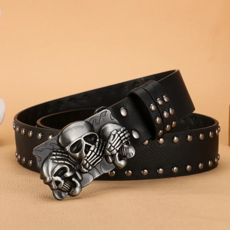 Black leather punk goth rivet belt with paw skull buckle, stylish high-quality jeans belt for men and women
