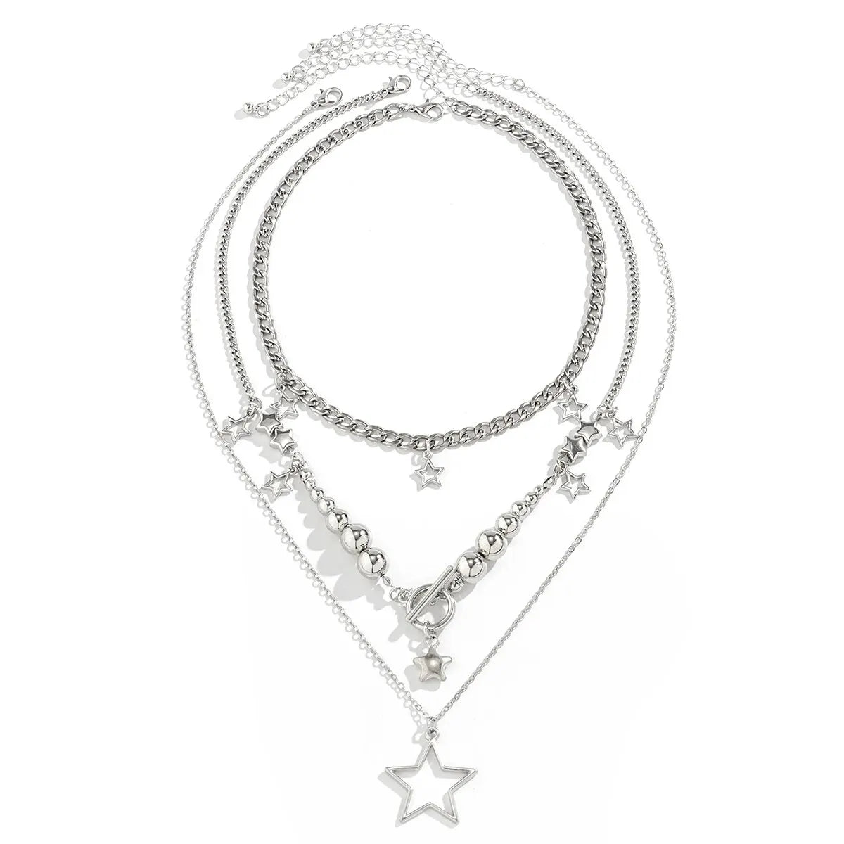 Vintage silver star OT buckle pendant choker necklace set with three goth jewelry pieces for women, featuring aesthetic design and silver finish.