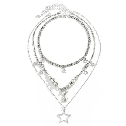 Vintage silver star OT buckle pendant choker necklace set featuring goth aesthetic jewelry for women, includes three pieces with silver finishes.