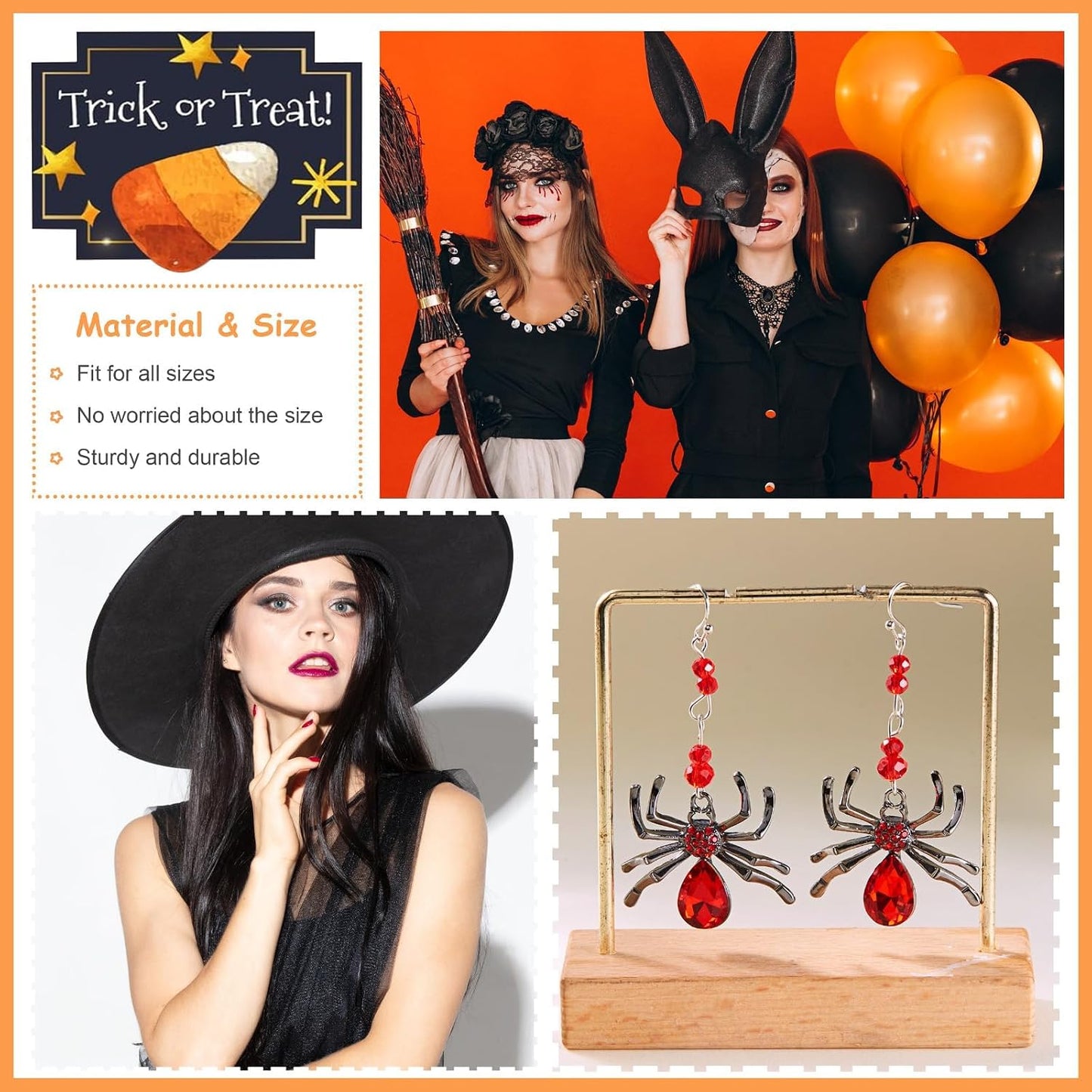ULLKEL Gothic Spider Bat and Witch Hat earrings, statement jewelry for alt aesthetic, punk cosplay, spooky themes, and birthdays.