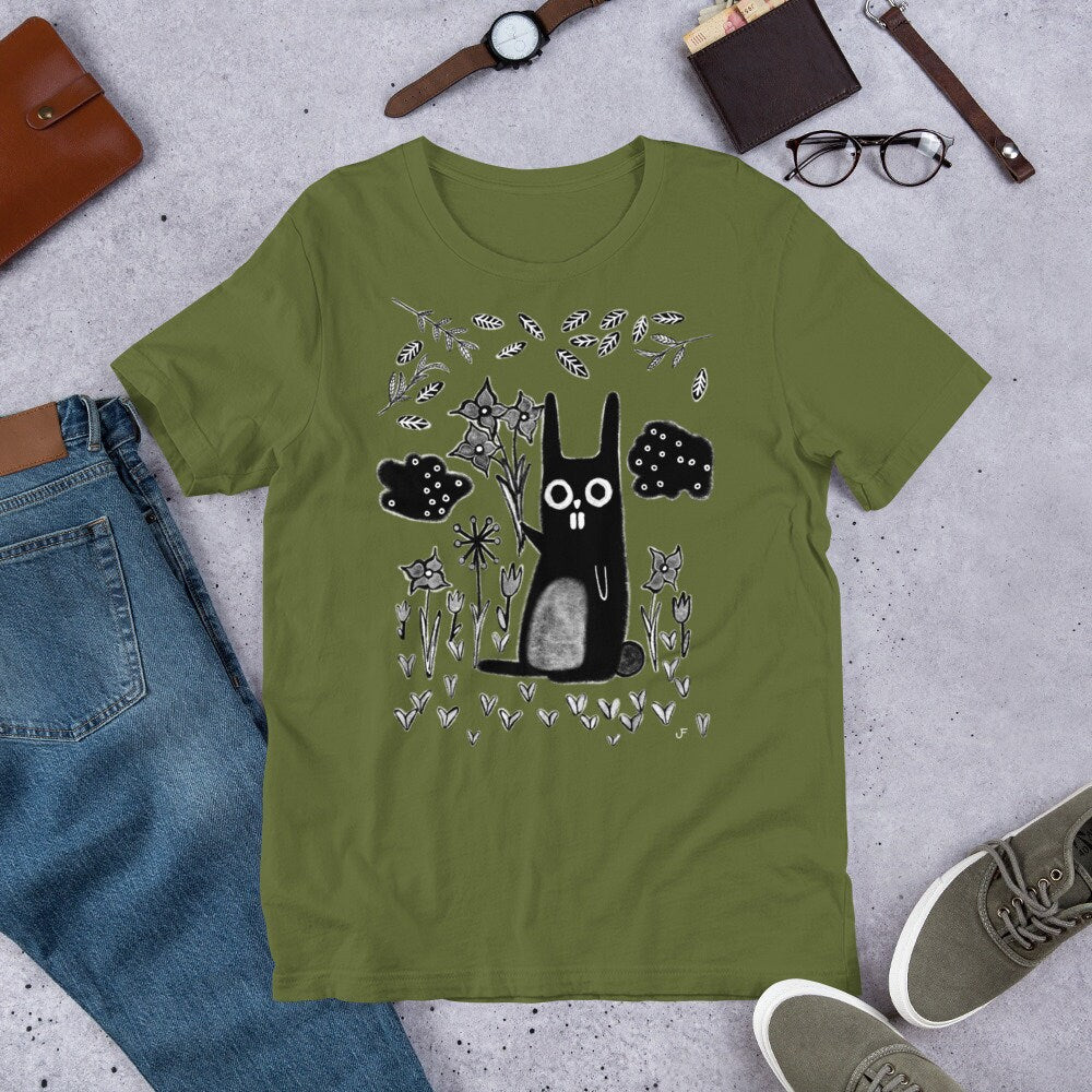 Whimsical garden rabbit graphic t-shirt by PressureDen.store featuring quirky gothic emo style, perfect for birthdays or housewarmings.