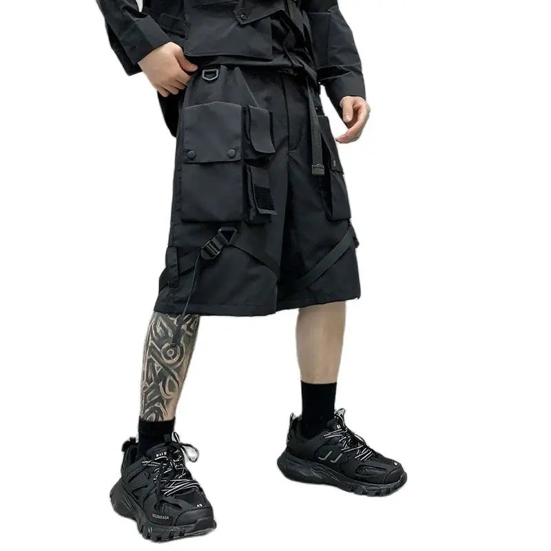 Men's techwear cargo shorts with ribbon belt, multi-pocket design, stylish Harajuku hip hop Bermuda for urban streetwear fashion