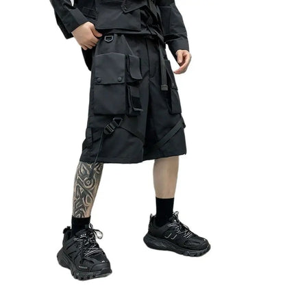 Men's techwear cargo shorts with ribbon belt, multi-pocket design, stylish Harajuku hip hop Bermuda for urban streetwear fashion