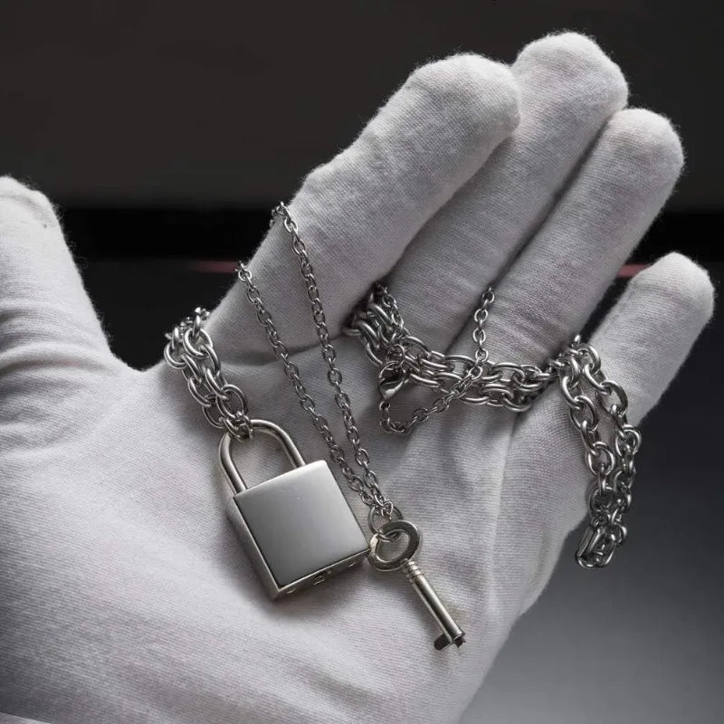 Stainless Steel Lock Key Pendant Necklace Long Chain Punk Multilayer Statement Choker Necklaces for Women Men Boy Girls