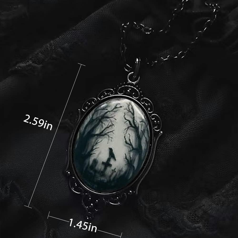 Goth Raven Cameo Necklace - Gothic Crow Pendant, Vintage Halloween Witch Jewelry for Women