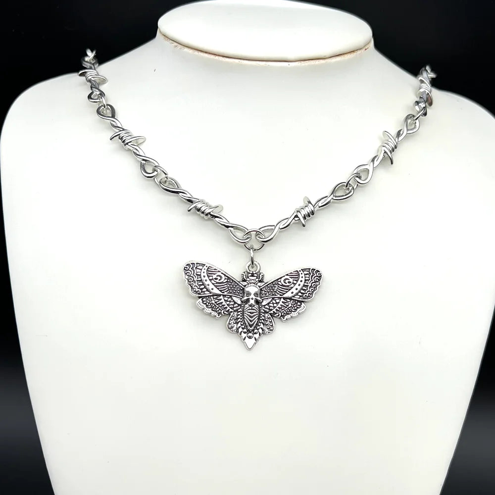 Goth Moth Skull Barbed Wire Cross Pendant Choker Necklace Punk Hip Hop Jewelry Y2K Vampire Little Thorns Chain Choker Gift