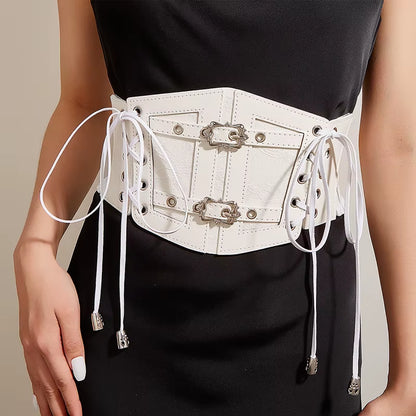 Plus size elastic lace corset belt for women, wide stretch cummerbund in brown and white, goth punk fashion accessory.