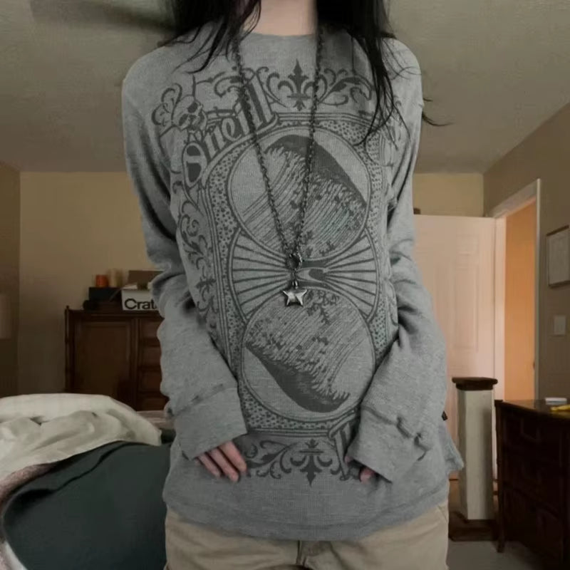 Long sleeve Y2K cyber grunge T-shirt for women with retro Harajuku patchwork design, Gothic E-Girl style top.