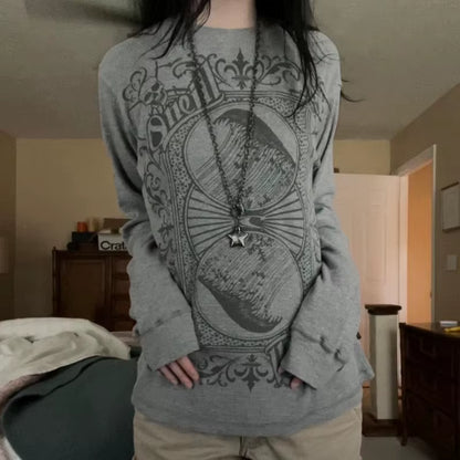 Long sleeve Y2K cyber grunge T-shirt for women with retro Harajuku patchwork design, Gothic E-Girl style top.