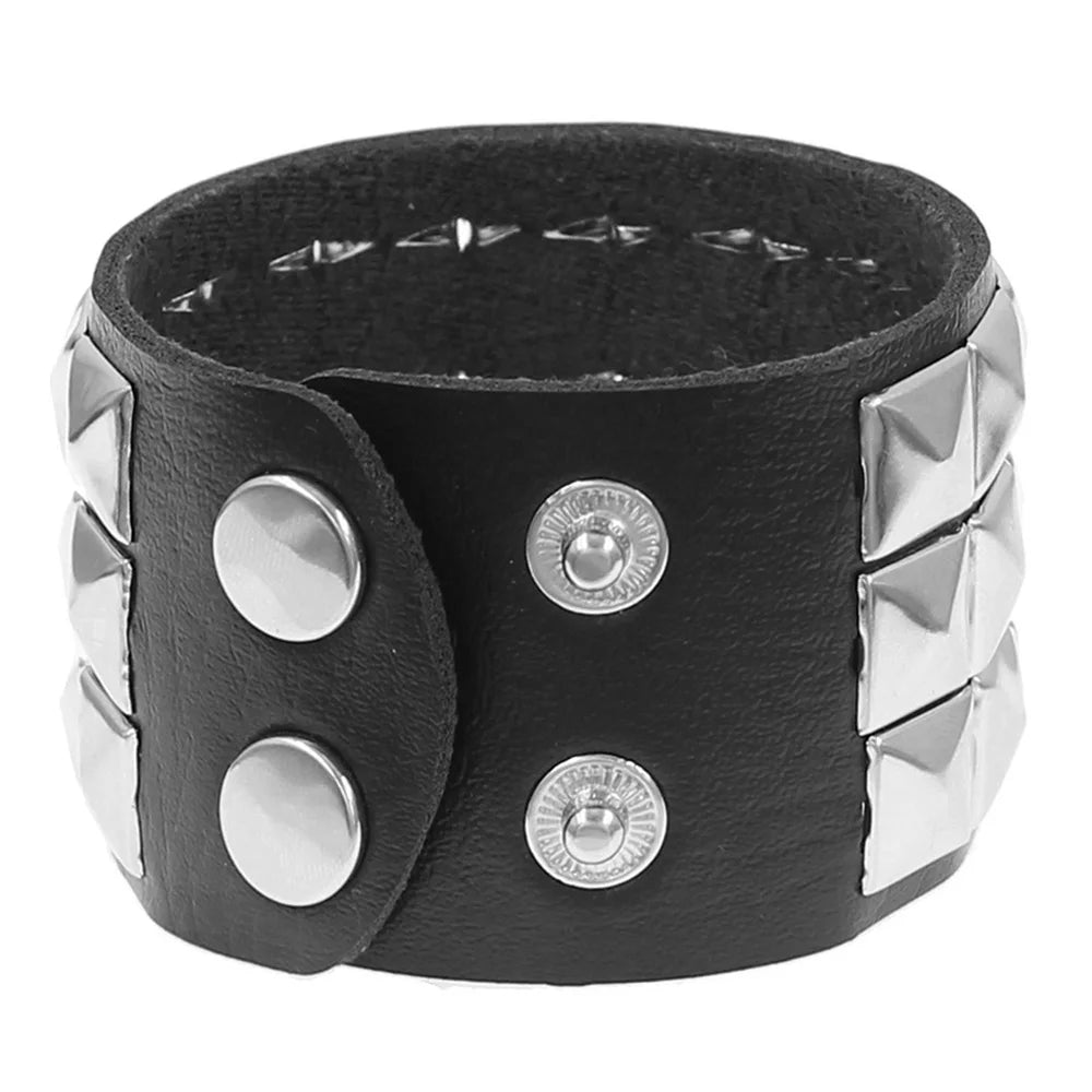 Gothic punk black leather cuff bracelet with metal rivets, unisex jewelry accessory for men and women.