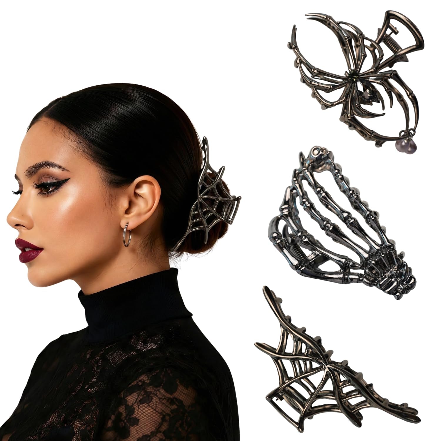FAIRCHIC Spooky Chic Halloween goth hair claw clips featuring spider web and bone designs, suitable for all hair types.
