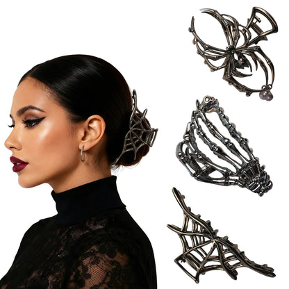 FAIRCHIC Spooky Chic Halloween goth hair claw clips featuring spider web and bone designs, suitable for all hair types.