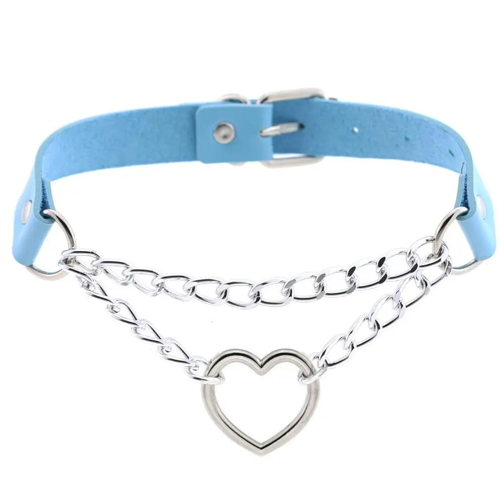 Black leather Gothic heart choker necklace with chain detail, ideal for punk and emo style fashion accessories.