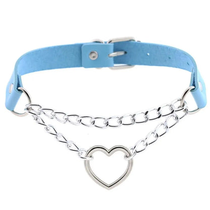 Black leather Gothic heart choker necklace with chain detail, ideal for punk and emo style fashion accessories.