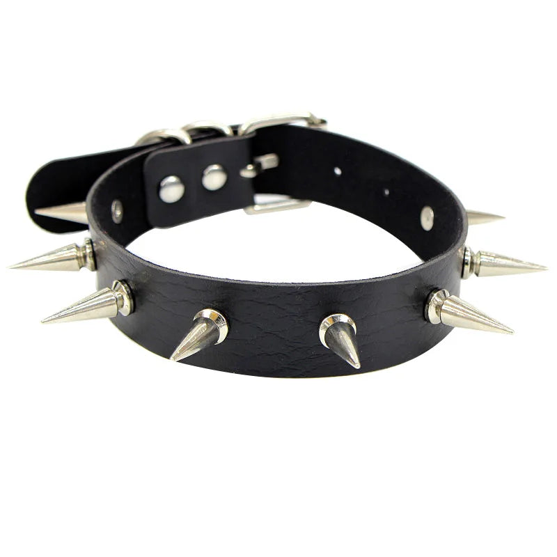 Black leather choker necklace with metal spikes, Gothic punk style, perfect for parties and festivals.