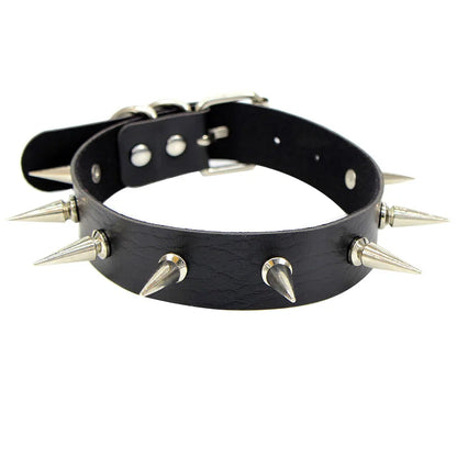 Black leather choker necklace with metal spikes, Gothic punk style, perfect for parties and festivals.