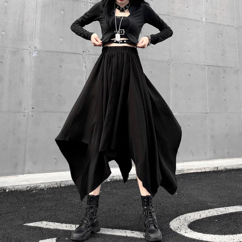 Dark black high waist vintage skirt with irregular hem, goth punk style, perfect for edgy Harajuku fashion.