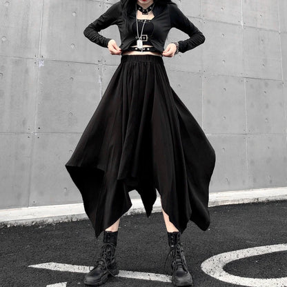 Dark black high waist vintage skirt with irregular hem, goth punk style, perfect for edgy Harajuku fashion.