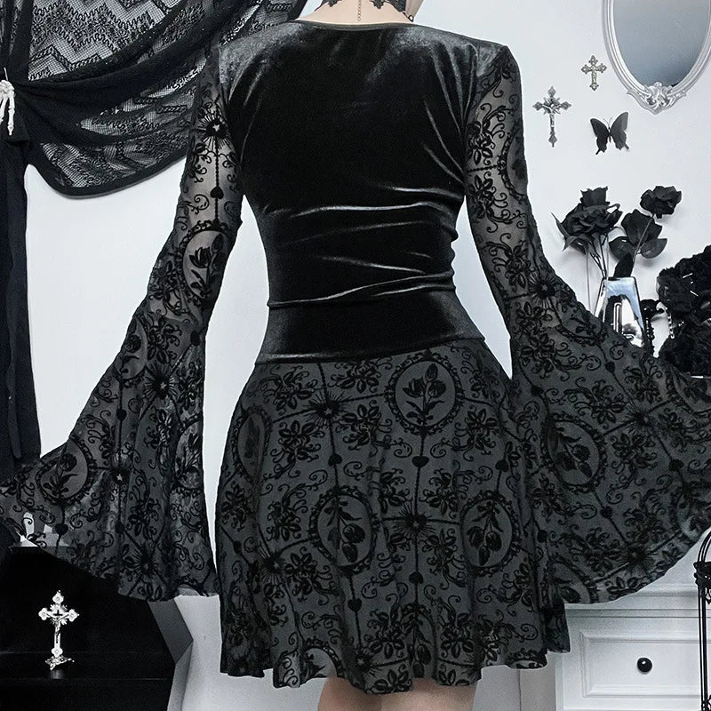 Vintage gothic velvet dress with flare sleeves, perfect for punk and grunge party outfits for women.