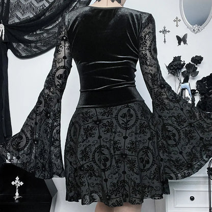 Vintage gothic velvet dress with flare sleeves, perfect for punk and grunge party outfits for women.