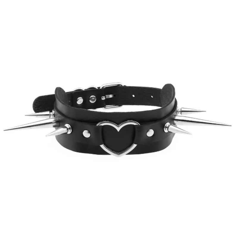 Black PU leather choker with heart rivets from PressureDen.store, Y2K goth punk necklace designed for trendy girls.