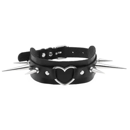 Harajuku sexy heart rivets PU leather goth punk choker necklace with chunky Y2K style for trendy girls.