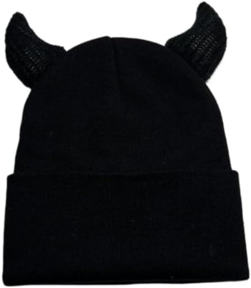 Y2K devil horn beanie by ZITEZHGO, a black emo goth accessory with red devil horns, ideal for Halloween fashion for men and women.