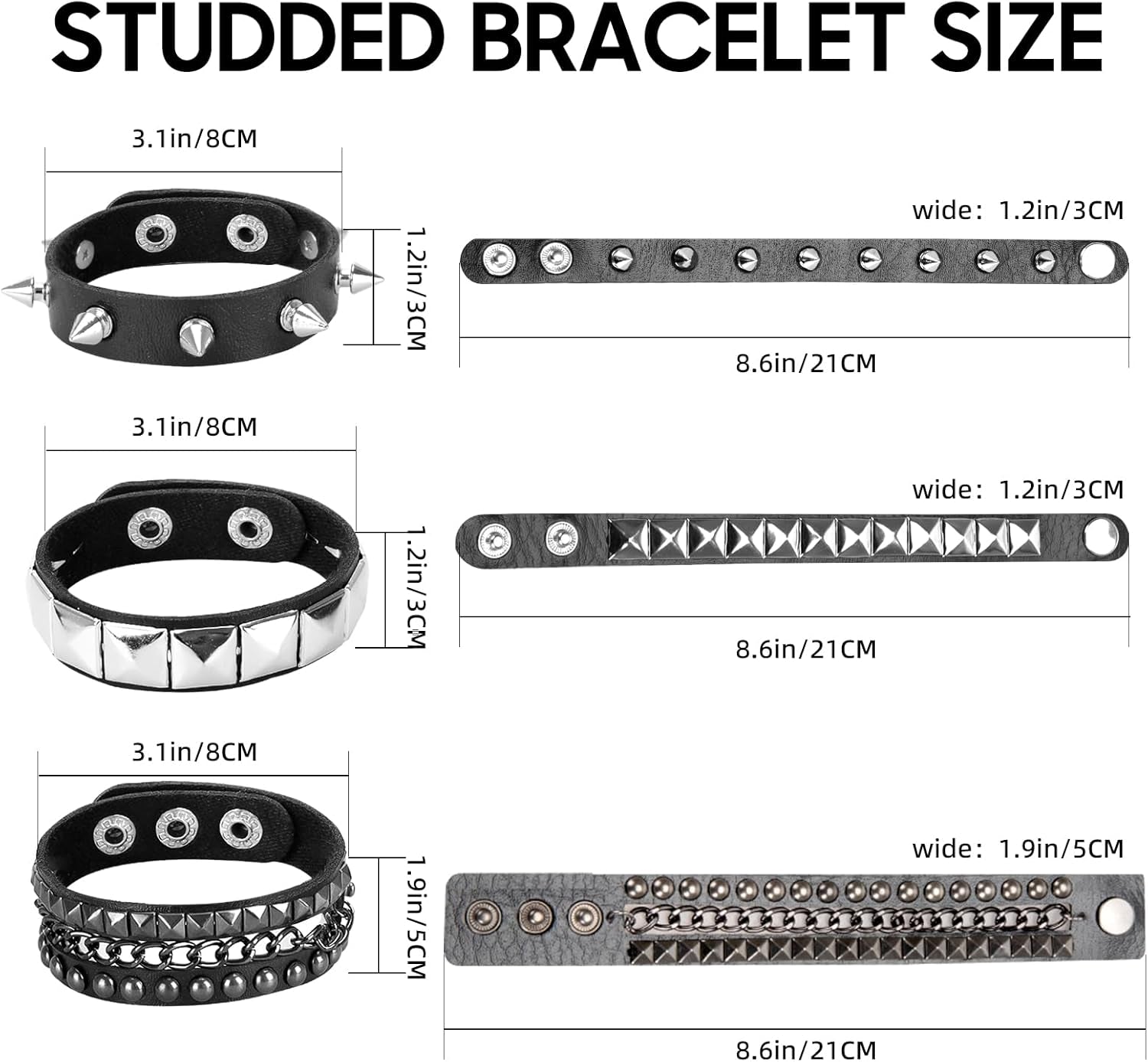 Unisex punk studded bracelet set with rivets and spikes, featuring edgy retro emo jewelry by SNCEAW.