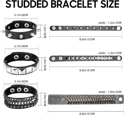 Unisex punk studded bracelet set with rivets and spikes, featuring edgy retro emo jewelry by SNCEAW.