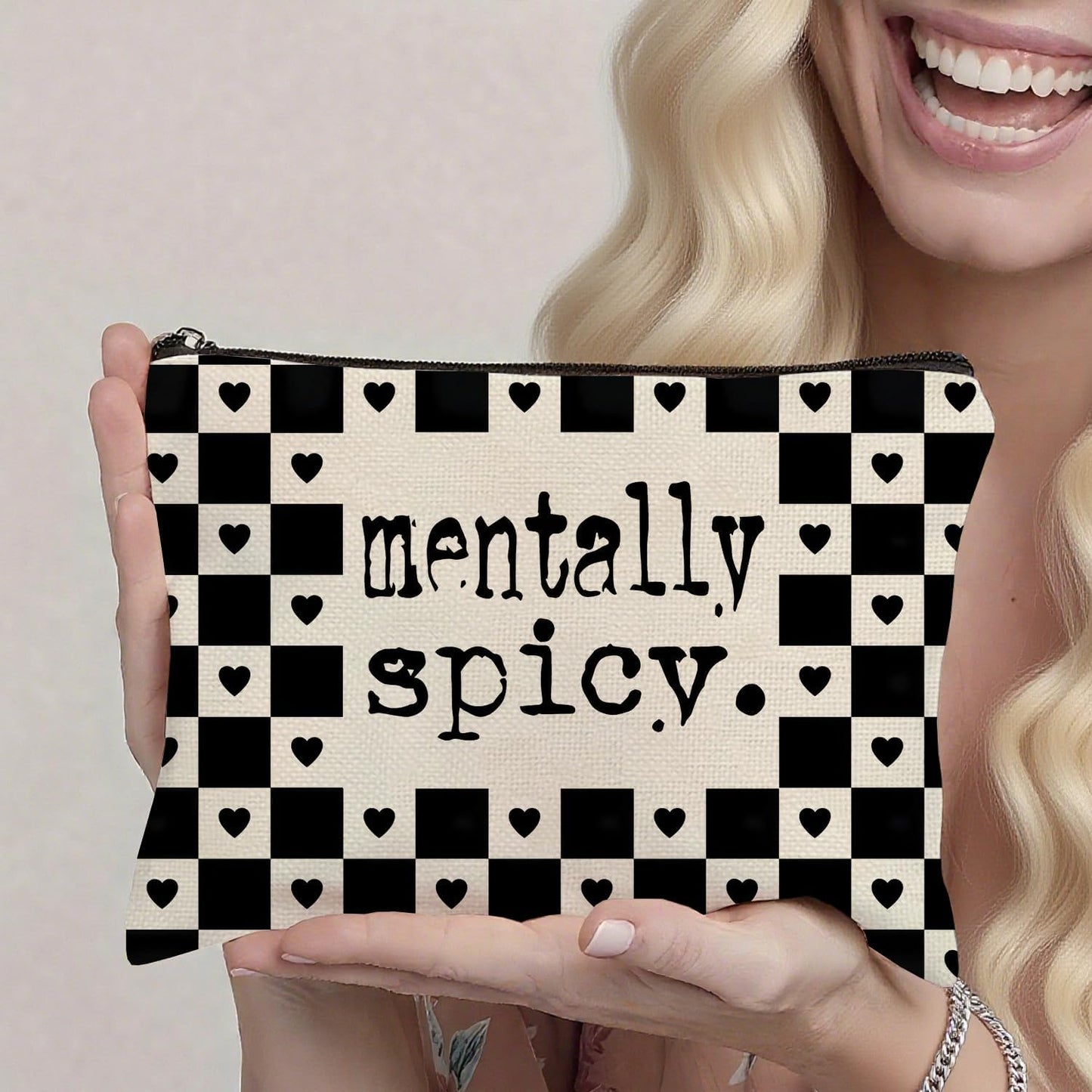 Alternative Makeup Bag, Edgy ‘Mentally Spicy’ Checkered Makeup Bag, Gift for Goth Lovers Women Girls Friend Daughter, Self Expression Graduation Birthday Friendship Gifts 10×7 Inch
