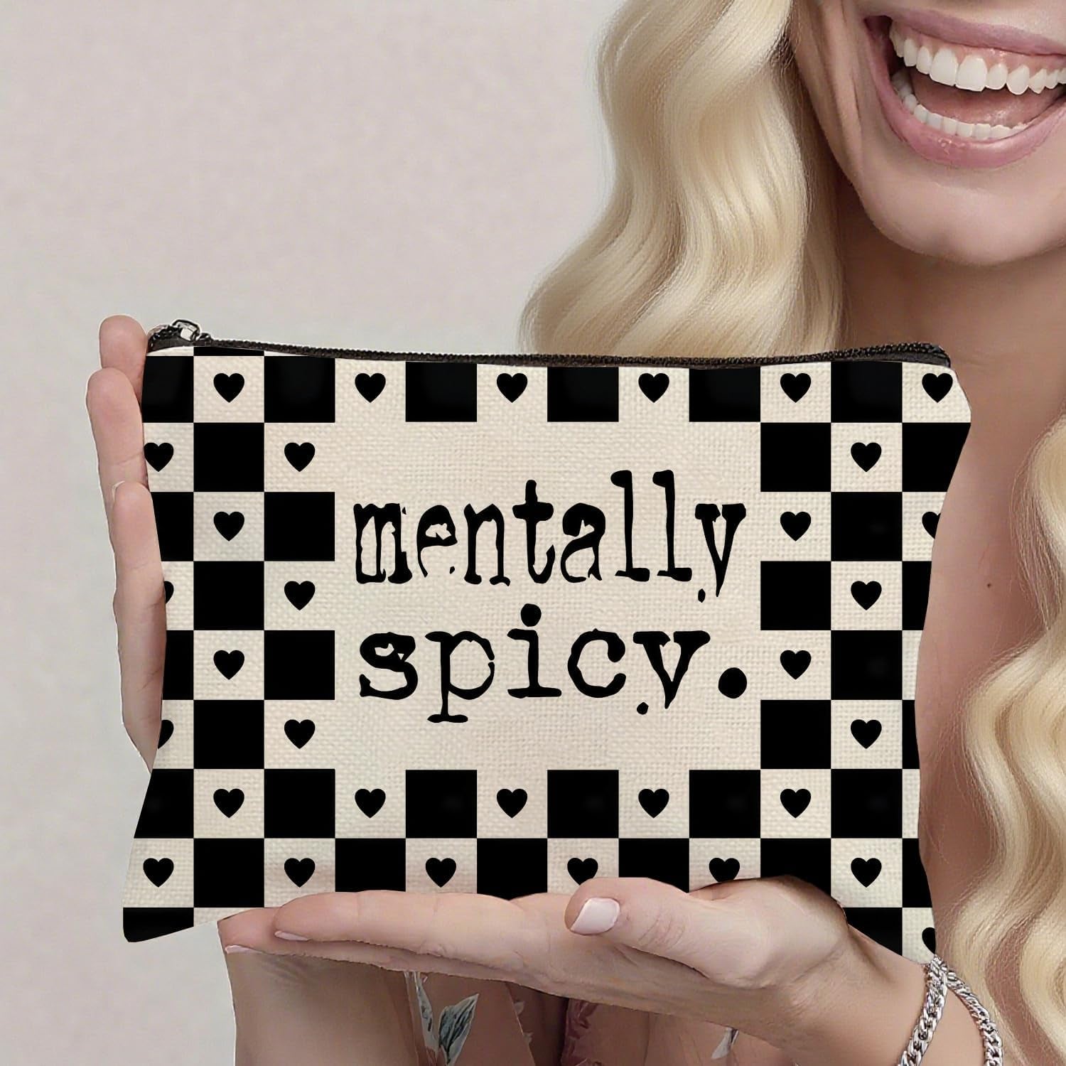 Alternative Makeup Bag, Edgy ‘Mentally Spicy’ Checkered Makeup Bag, Gift for Goth Lovers Women Girls Friend Daughter, Self Expression Graduation Birthday Friendship Gifts 10×7 Inch