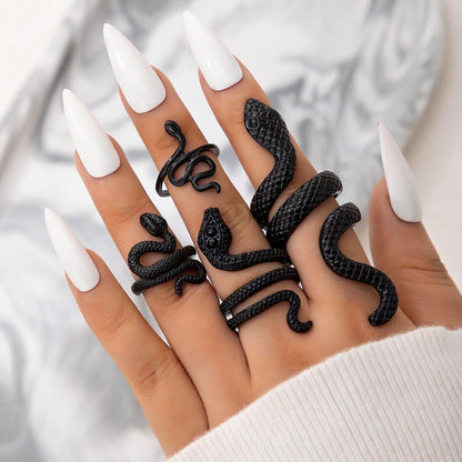 Adjustable black snake rings set by ONBRIG featuring vintage gothic punk style jewelry for women.