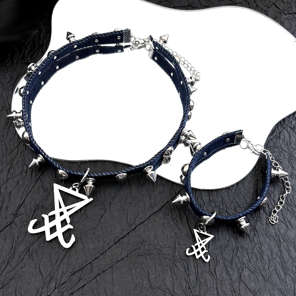 Gothic punk stainless steel choker necklace with Satanic sigil design and leather chain, featuring dark, edgy jewelry style.