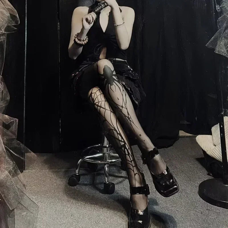 Gothic Big Spider Silk Stockings - Vintage Dark Fishnet Pantyhose for Emo & Alternative Styles