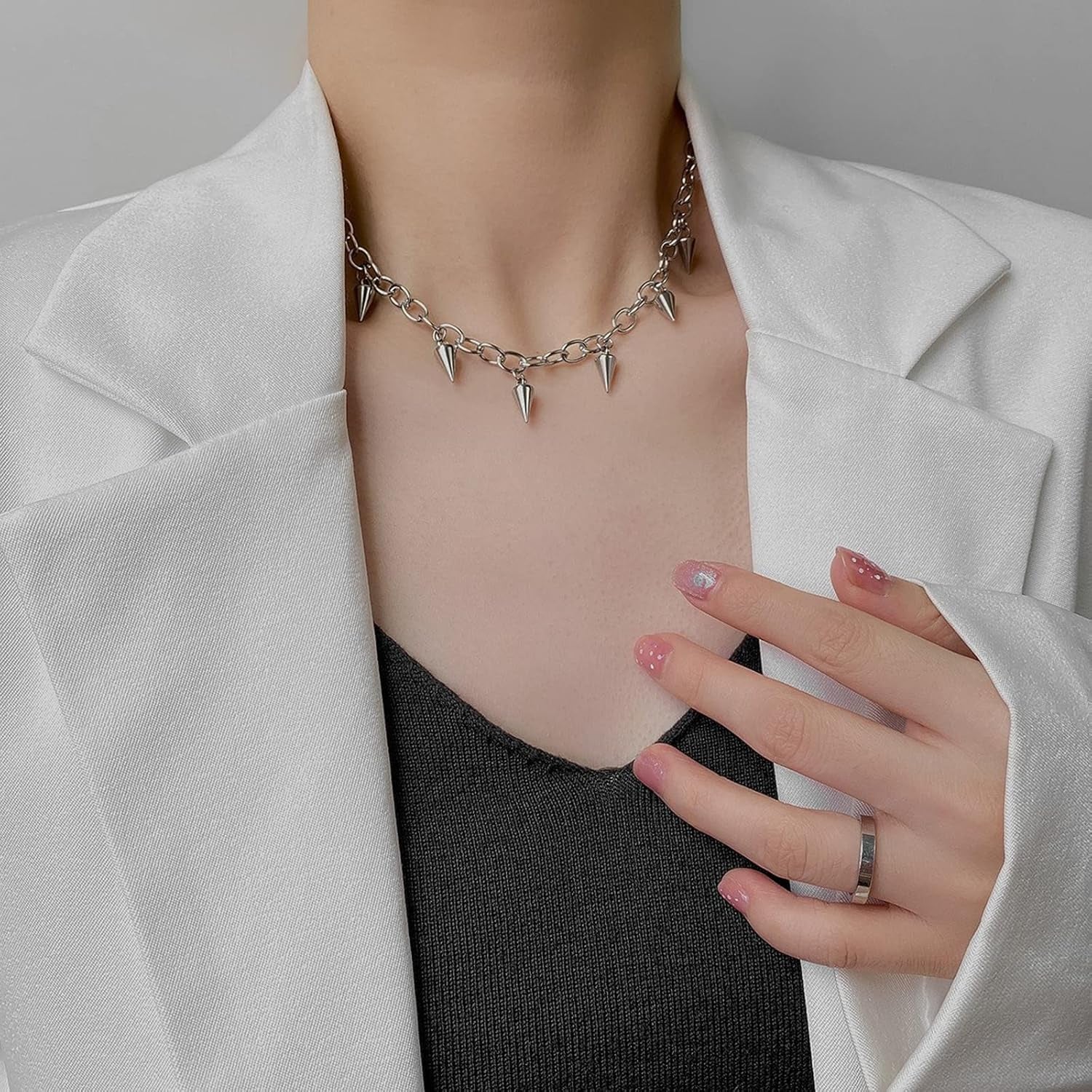 Tosmifairy punk rock spiked stainless steel choker necklace with 7-piece Y2K goth jewelry set, featuring edgy spikes and sleek design.