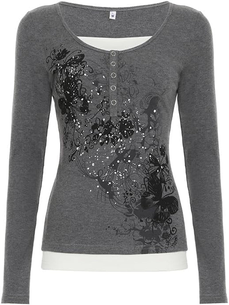 GGOOB Y2K floral V-neck long sleeve top with vintage fairy grunge style, featuring colorful floral print and trendy design.