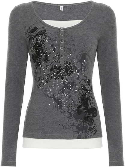 GGOOB Y2K floral V-neck long sleeve top with vintage fairy grunge style, featuring colorful floral print and trendy design.