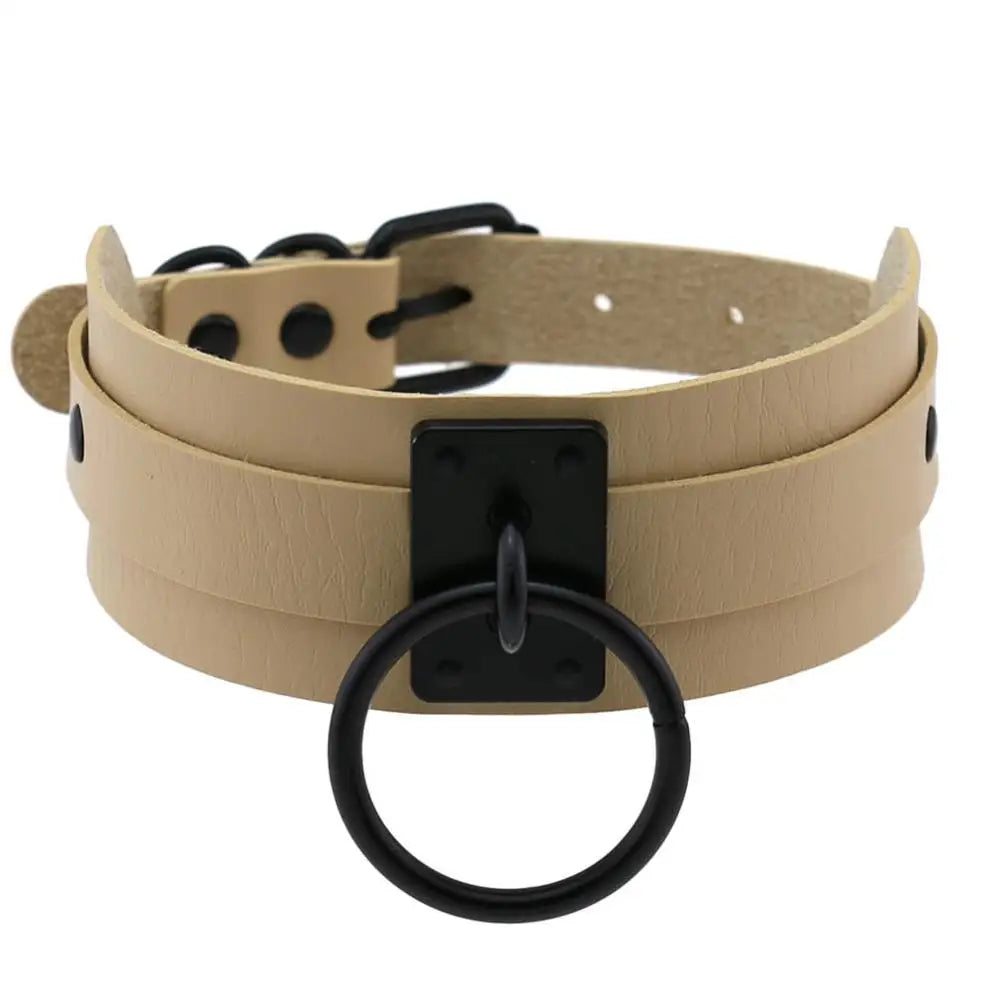 Black gothic punk O-ring leather choker necklace for women and girls, featuring metal accents in Harajuku emo rock fashion style