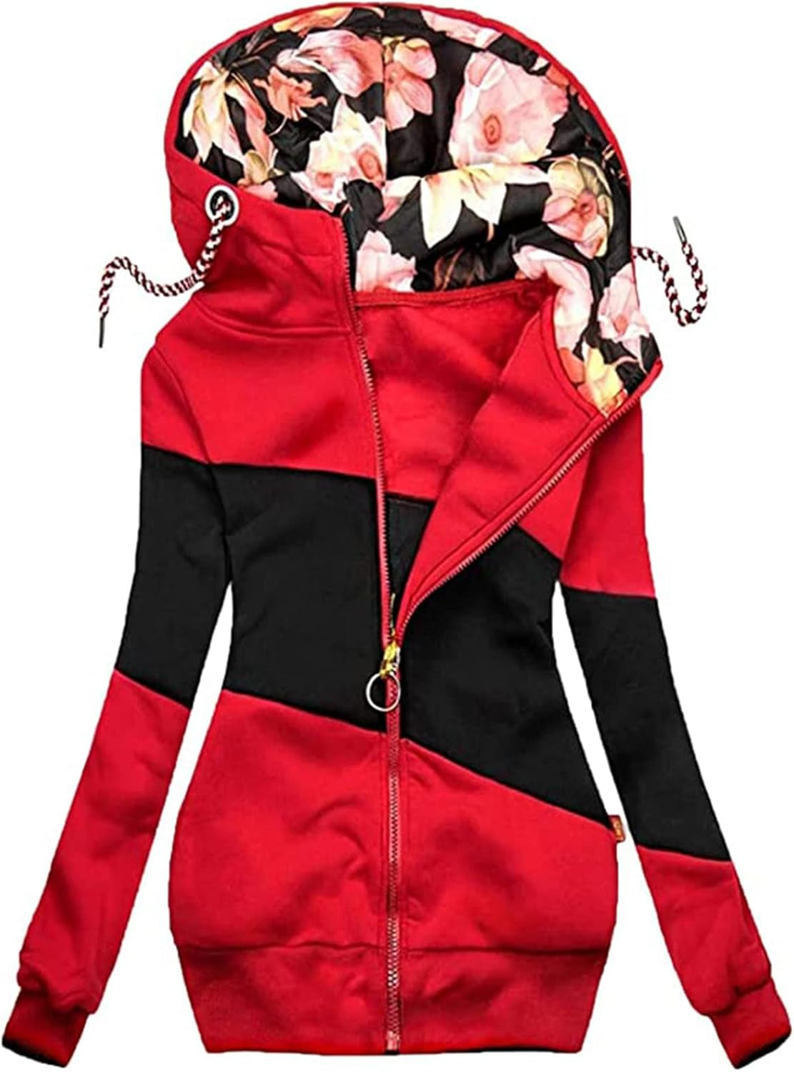 Women's Chic Floral Color Block Zip-Up Hoodie by 5665, featuring long sleeves, floral pattern, and casual zip-up design.