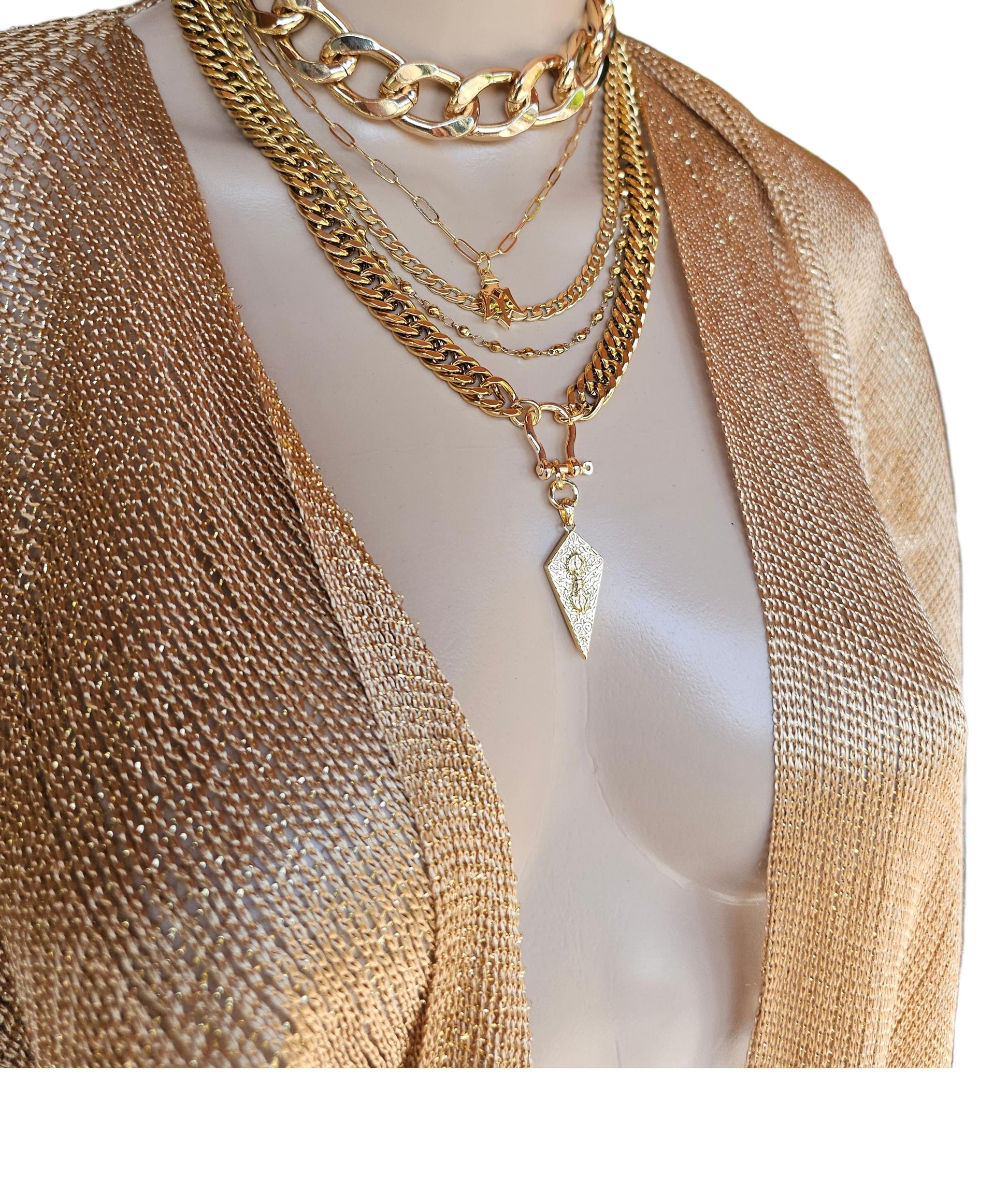 Gold Layered Multi Strand Chunky Chain Choker Collar Necklace Set - Handmade Luxury Statement Jewelry