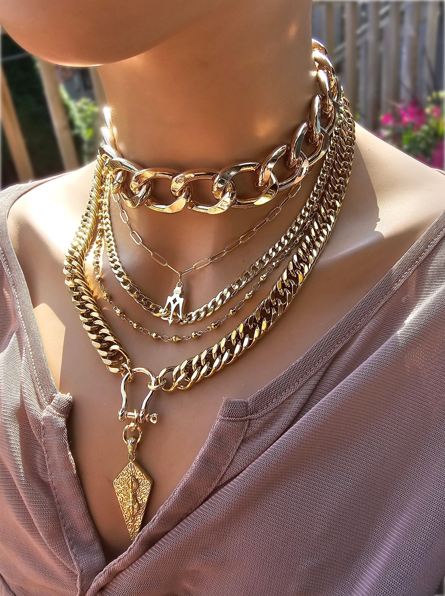Gold Layered Multi Strand Chunky Chain Choker Collar Necklace Set - Handmade Luxury Statement Jewelry