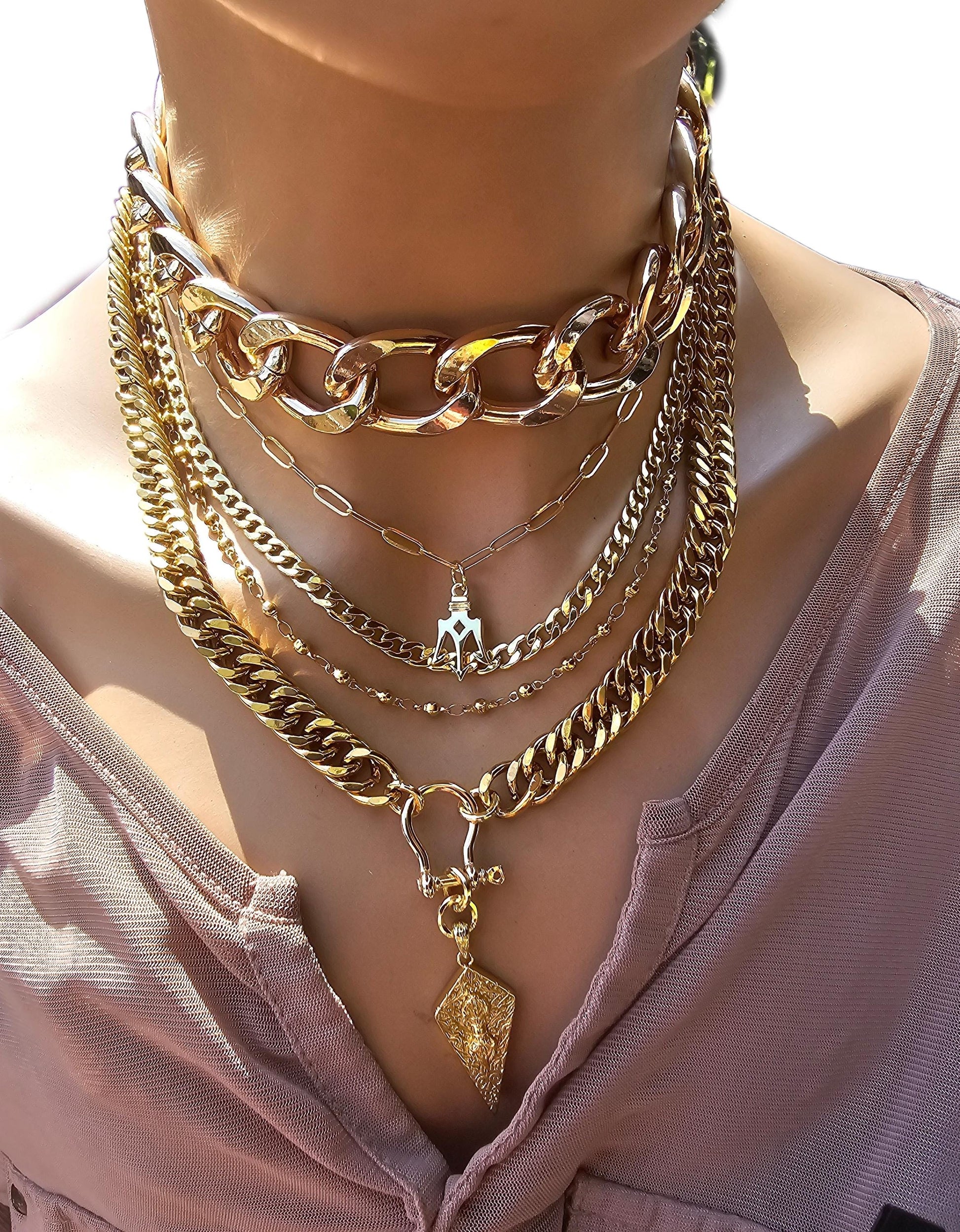 Gold Layered Multi Strand Chunky Chain Choker Collar Necklace Set - Handmade Luxury Statement Jewelry