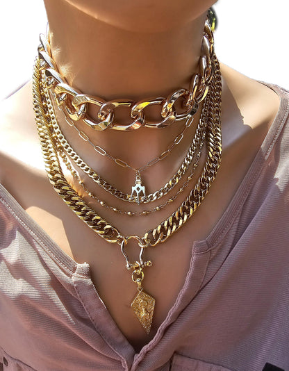 Gold Layered Multi Strand Chunky Chain Choker Collar Necklace Set - Handmade Luxury Statement Jewelry