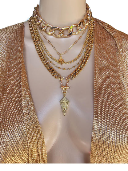 Gold Layered Multi Strand Chunky Chain Choker Collar Necklace Set - Handmade Luxury Statement Jewelry