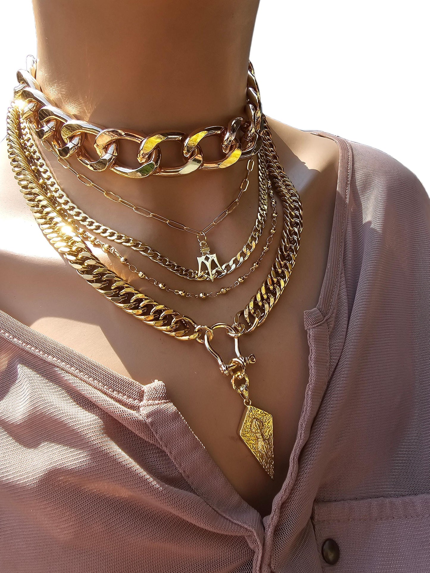 Gold Layered Multi Strand Chunky Chain Choker Collar Necklace Set - Handmade Luxury Statement Jewelry