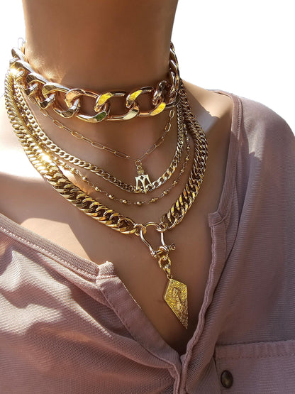Gold Layered Multi Strand Chunky Chain Choker Collar Necklace Set - Handmade Luxury Statement Jewelry