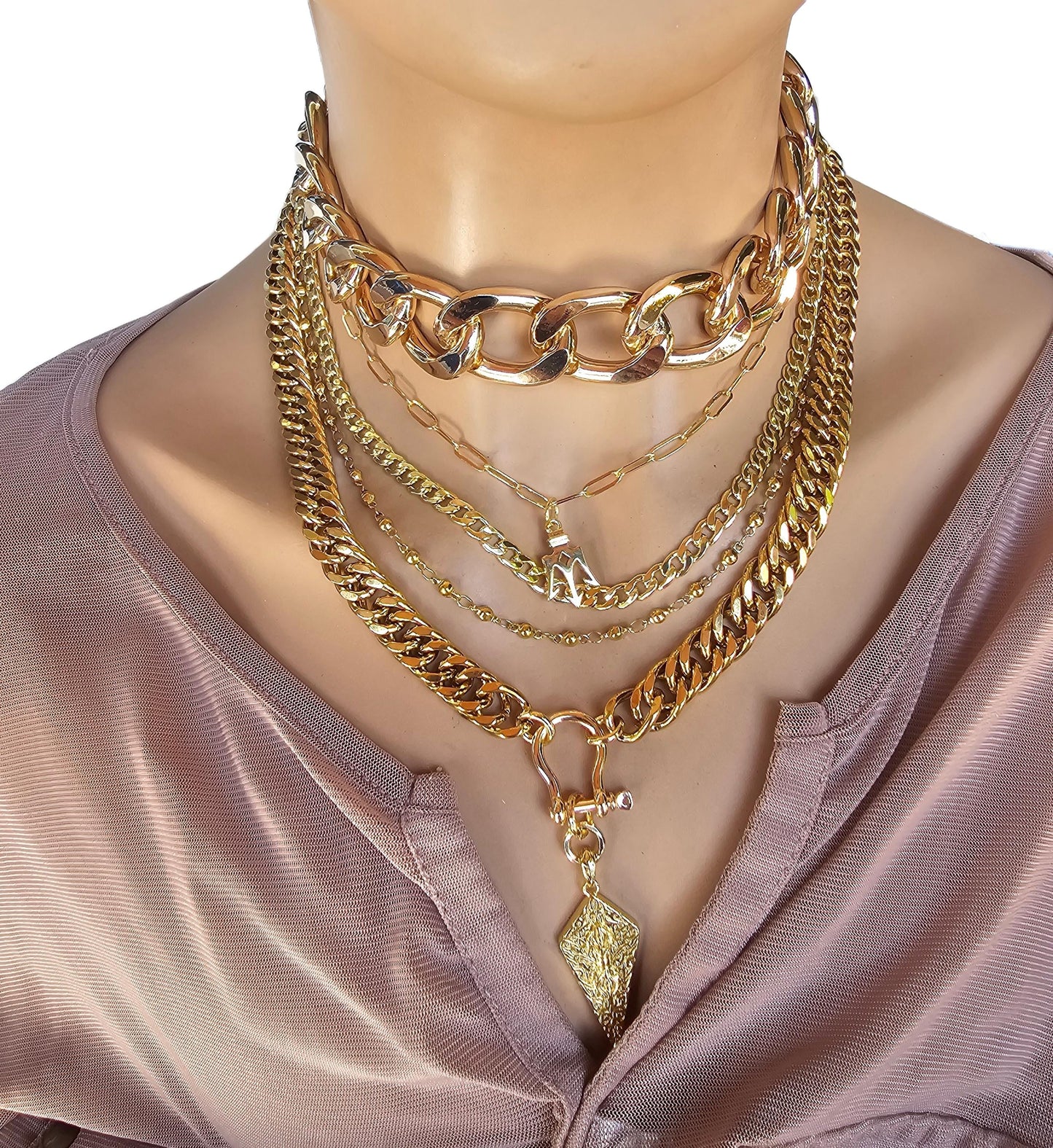 Gold Layered Multi Strand Chunky Chain Choker Collar Necklace Set - Handmade Luxury Statement Jewelry