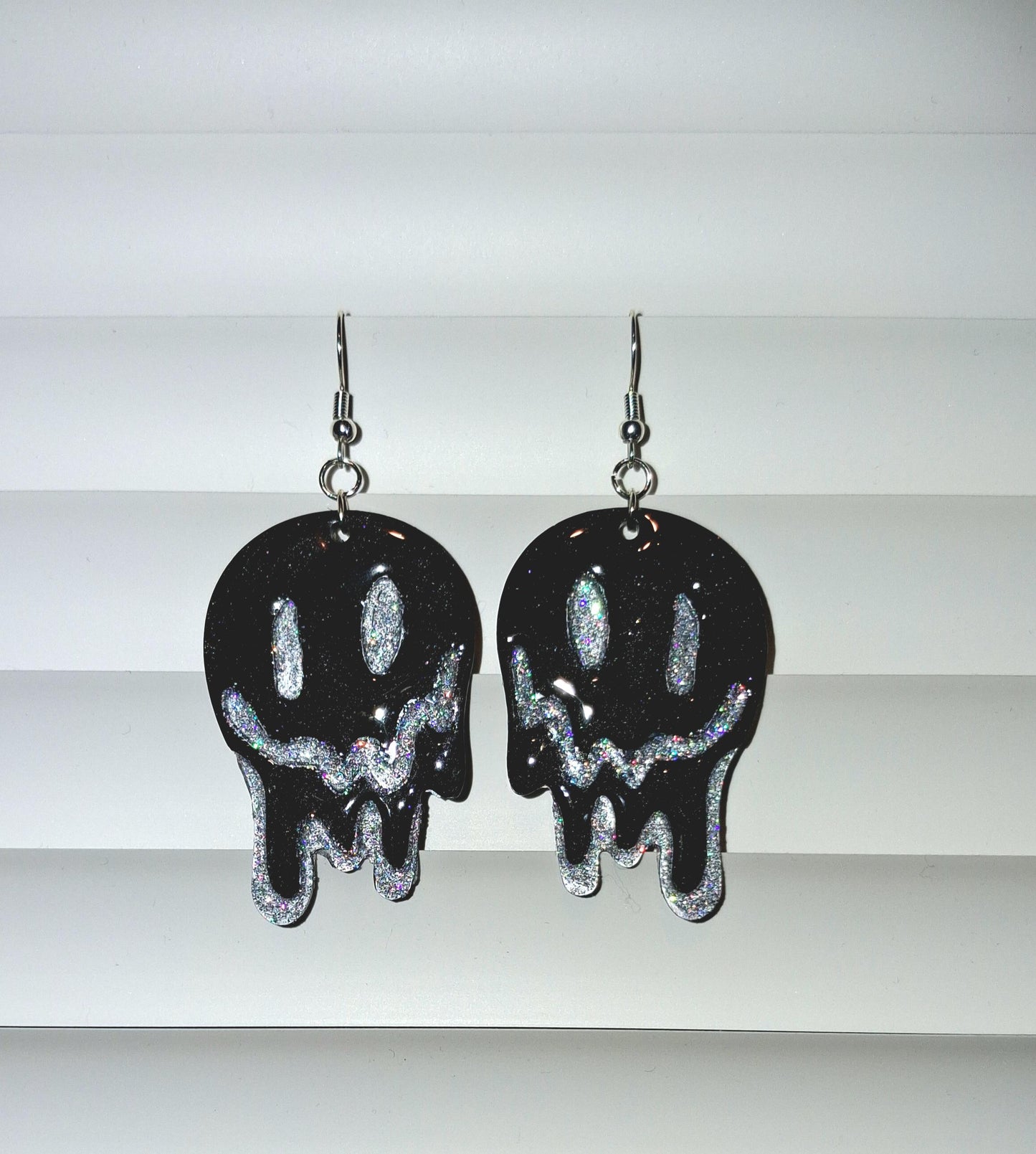 Melting smiley face earrings with glittery dripping design, trendy Y2K style, hypoallergenic jewelry by PressureDen.store