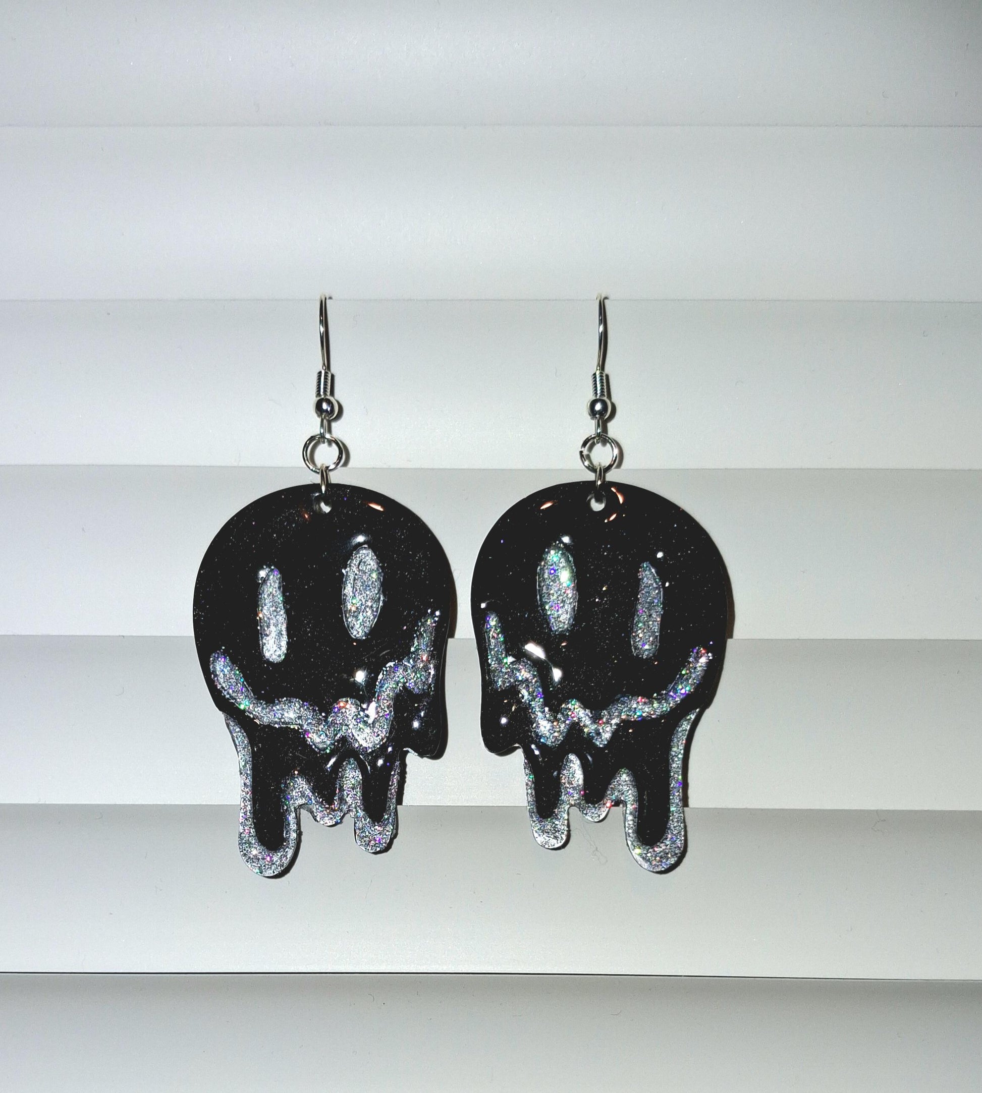 Melting smiley face earrings with glittery dripping design, trendy Y2K style, hypoallergenic jewelry by PressureDen.store