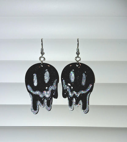 Melting smiley face earrings with glittery dripping design, trendy Y2K style, hypoallergenic jewelry by PressureDen.store